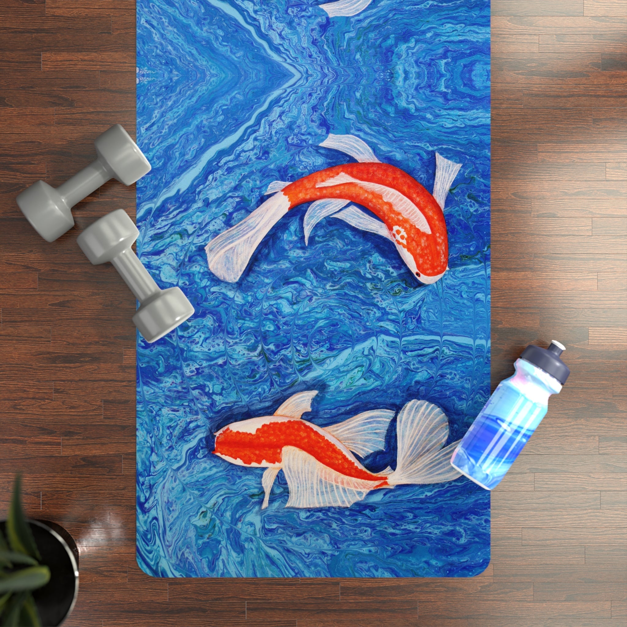 Koi fish image on blue background on a yoga mat