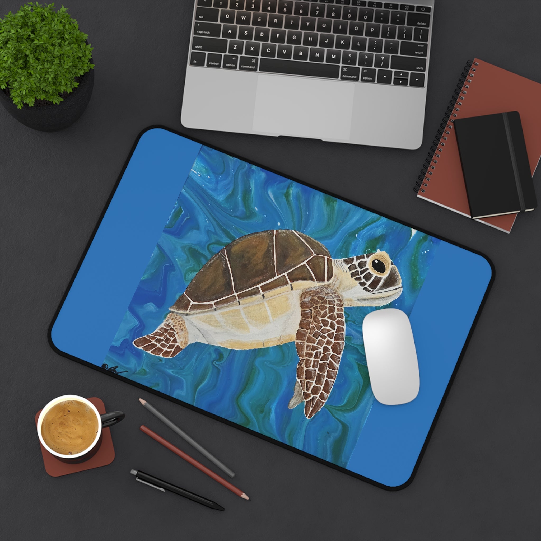 Sea turtle Desk Mat blue background