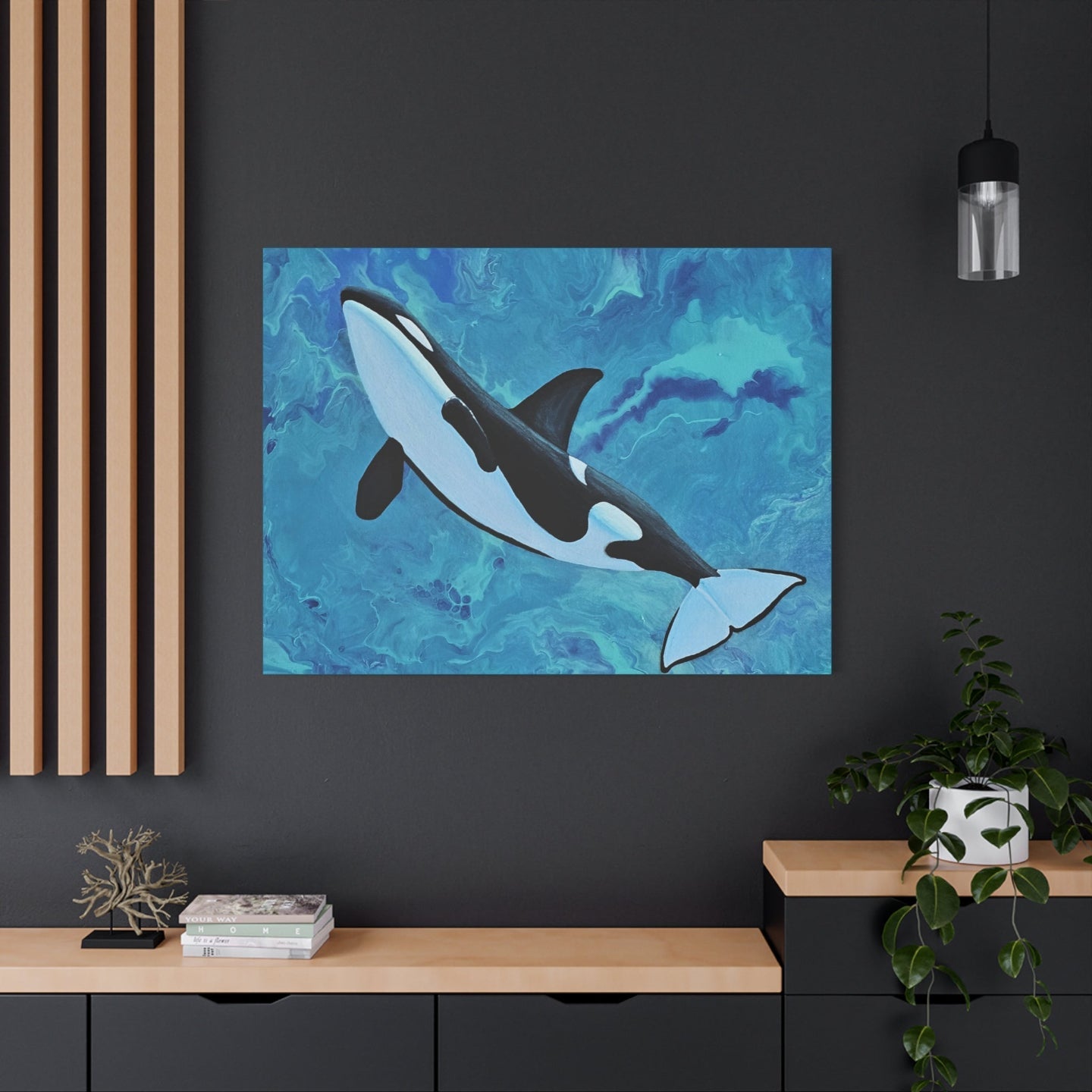 Image of canvas print of Orca swimming in blue ocean on black wall