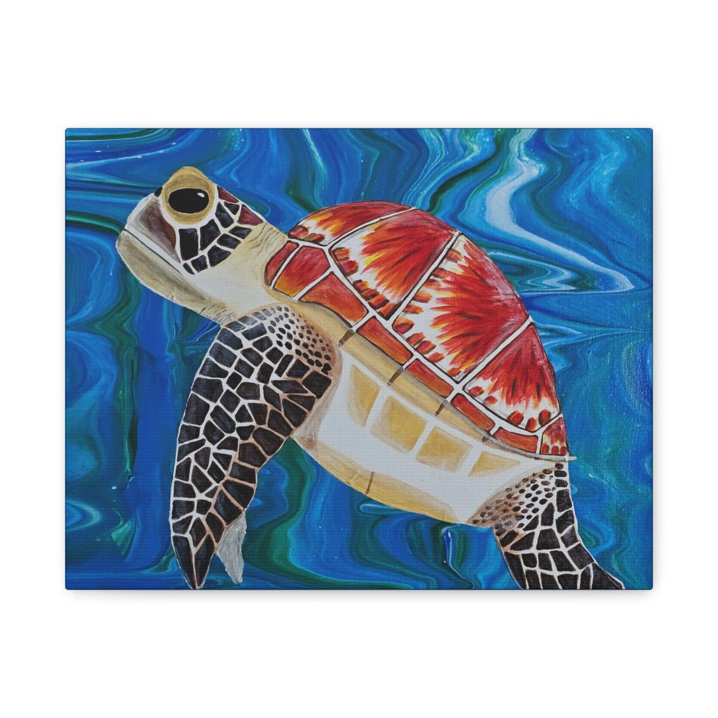 Colorful turtle painting on a blue and green abstract background