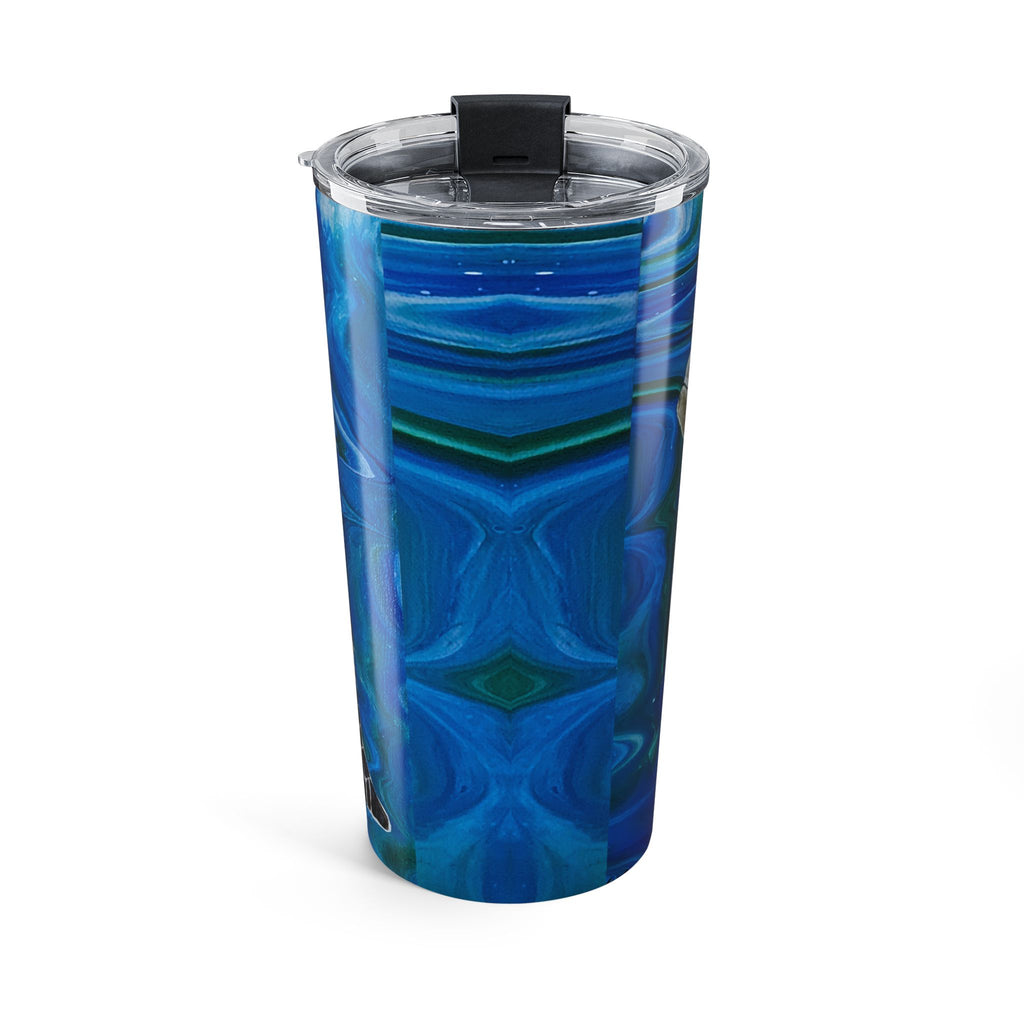 Blue patterned tumbler with a black lid on a white background