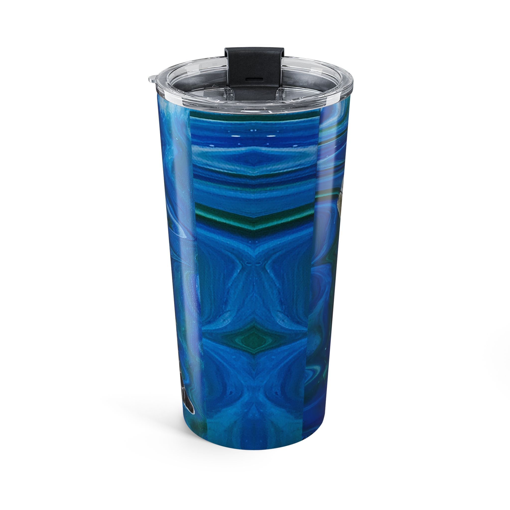 Blue patterned tumbler with a black lid on a white background