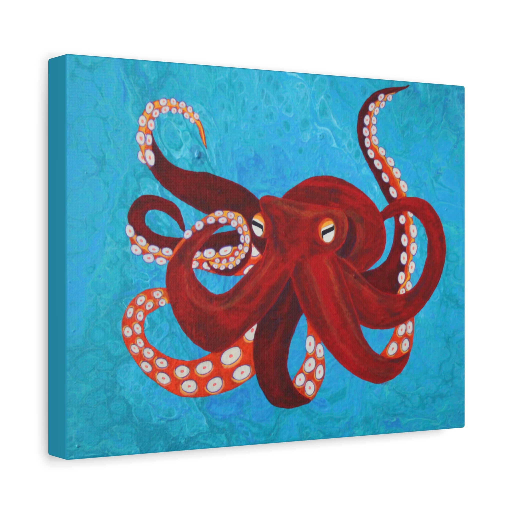 Canvas print of a red octopus on a blue textured background