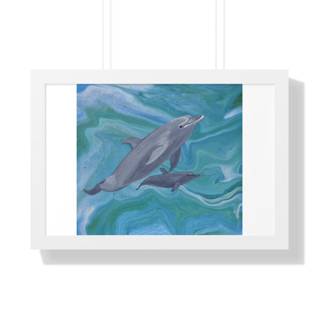 Framed artwork of dolphins swimming in blue water