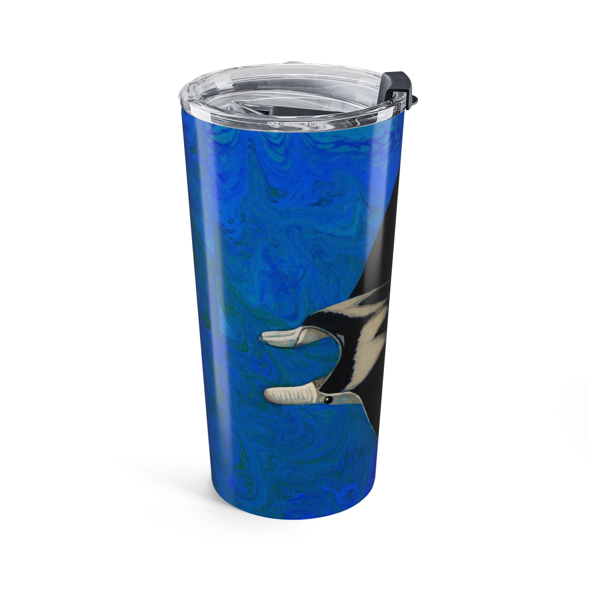 Tumbler with a blue marbled design and a zebra pattern on a white background