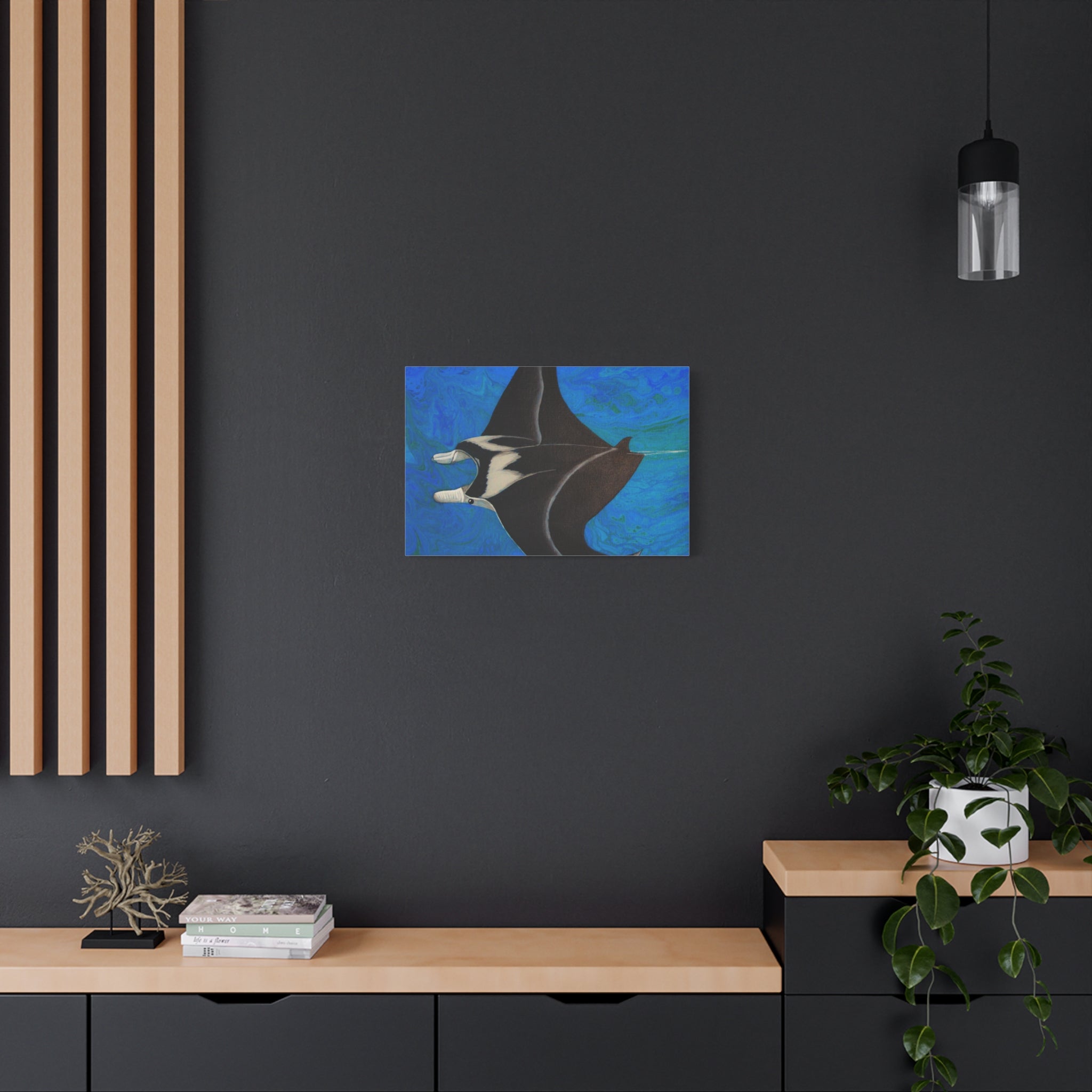 Abstract painting of a whale on a dark wall with wooden shelves and decor.