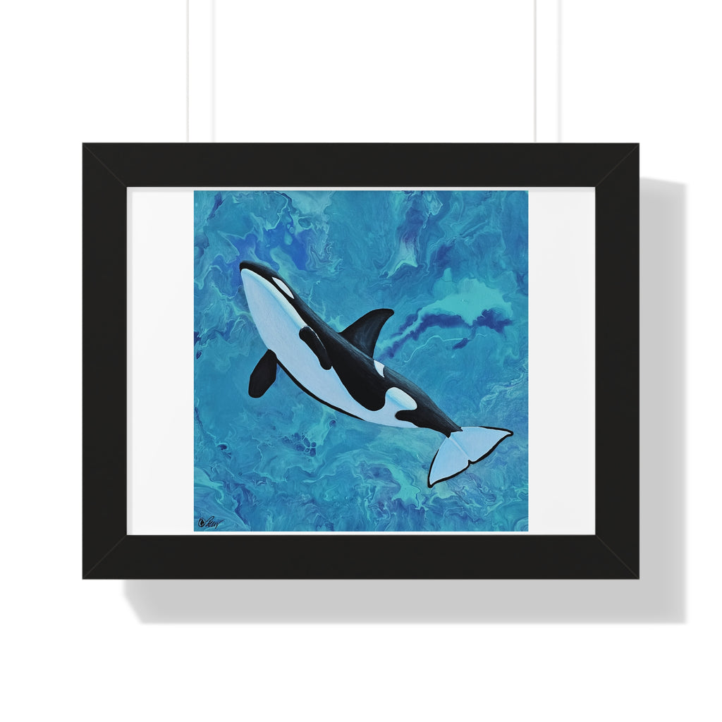 Framed artwork of an orca whale on a blue abstract background