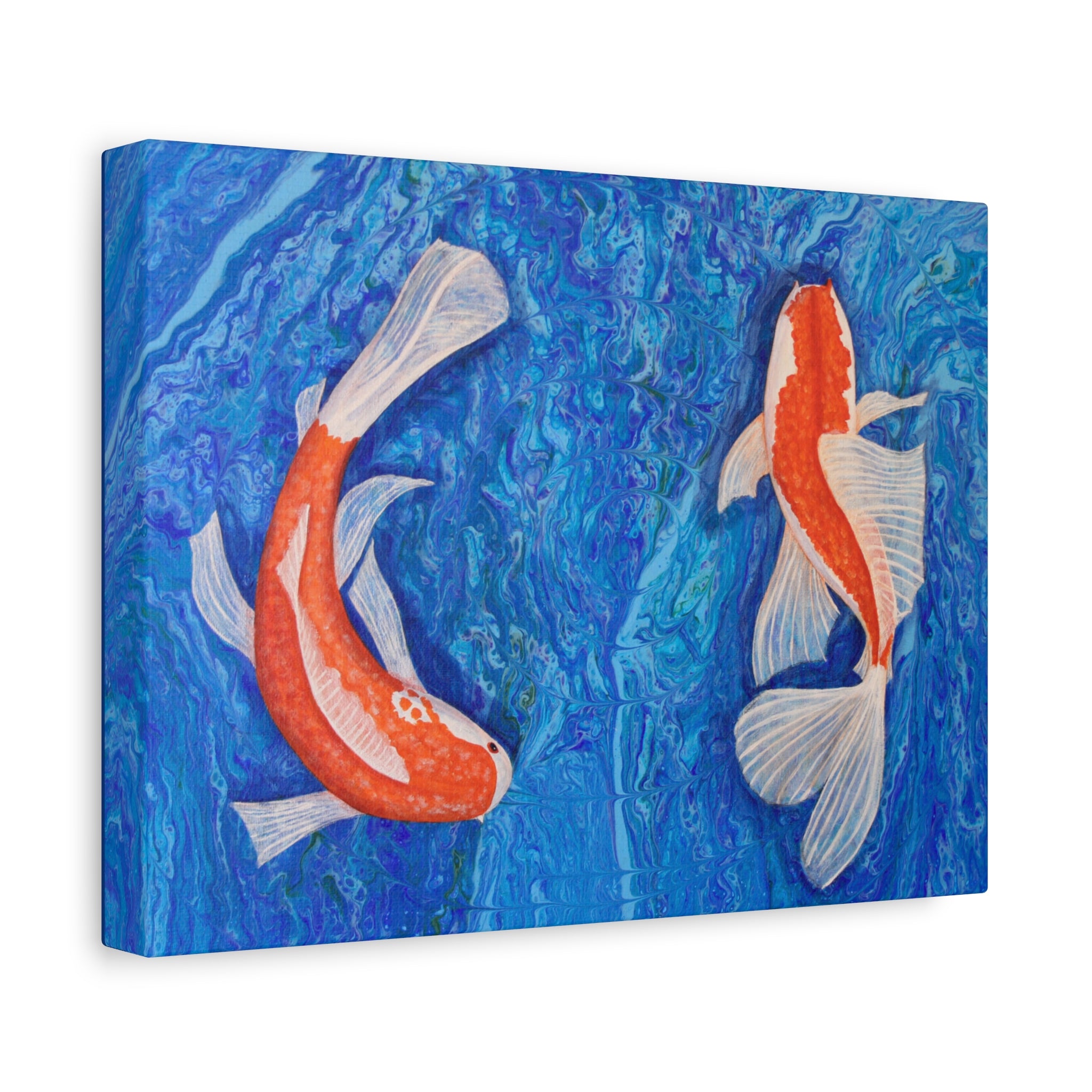 Canvas print of two koi fish on a blue watercolor background