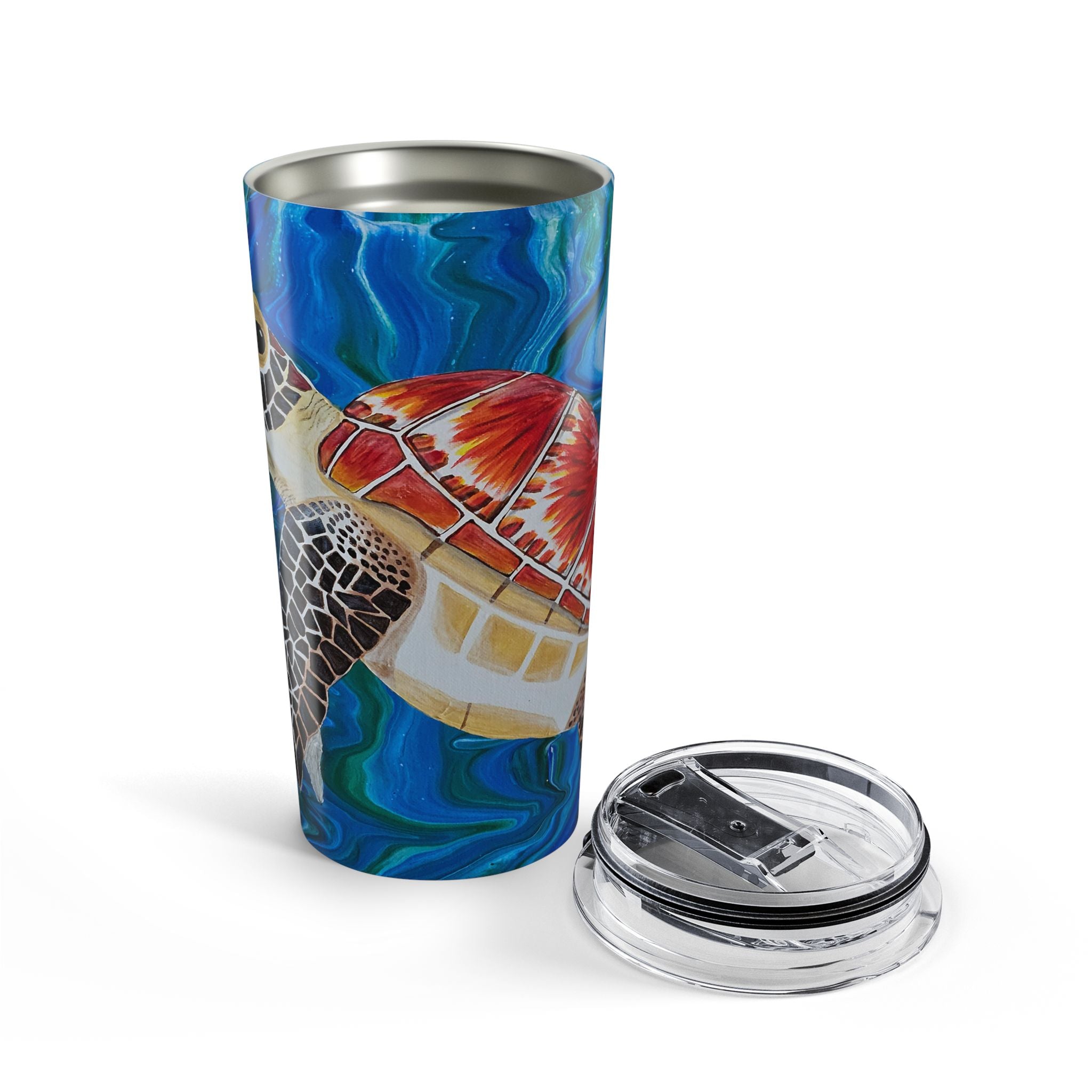 Tumbler with a sea turtle design on a white background