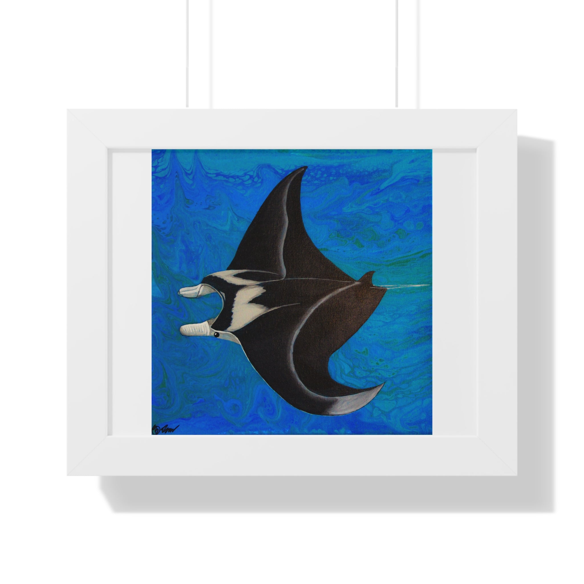 Framed artwork of a manta ray on a blue background