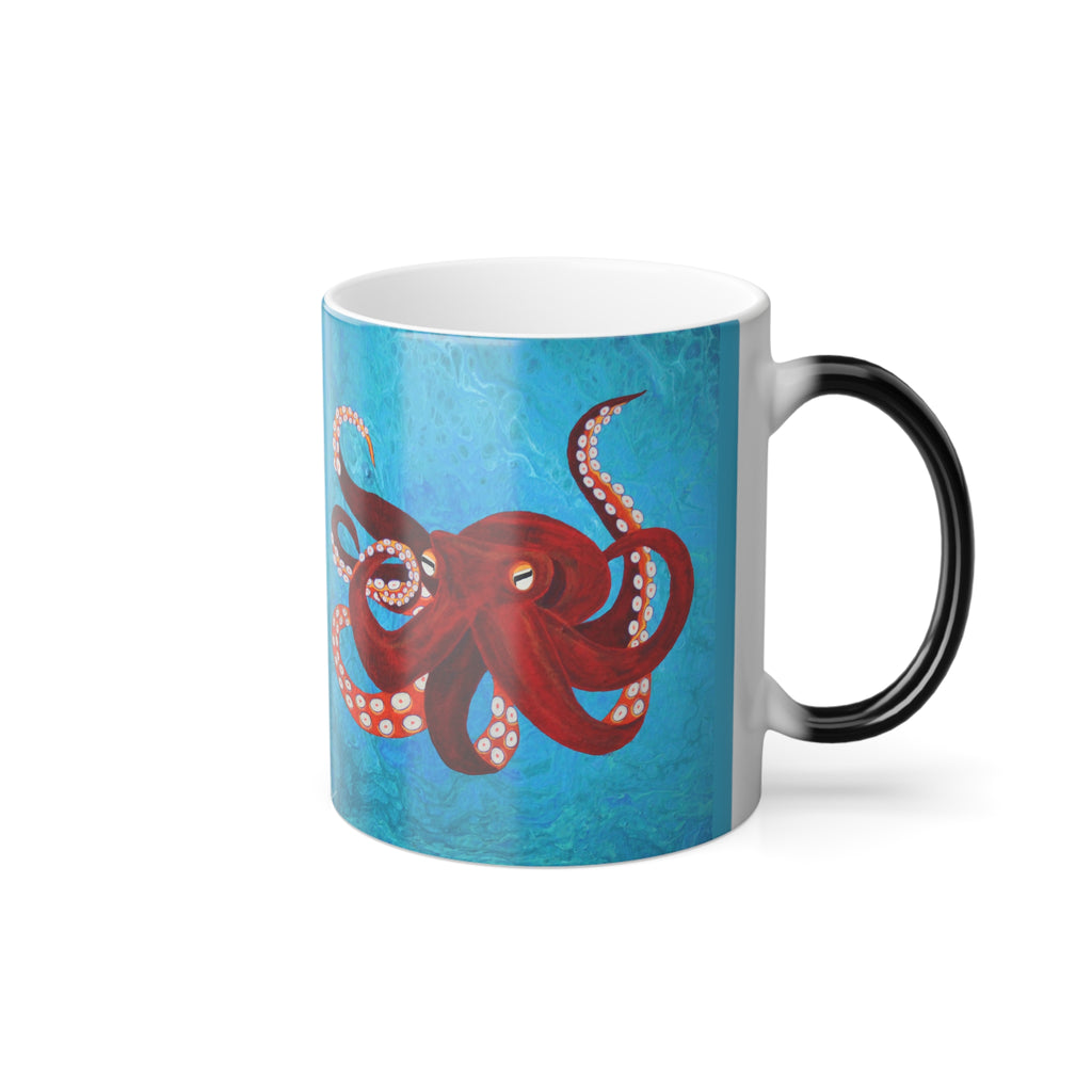 Mug with a red octopus design on a blue background