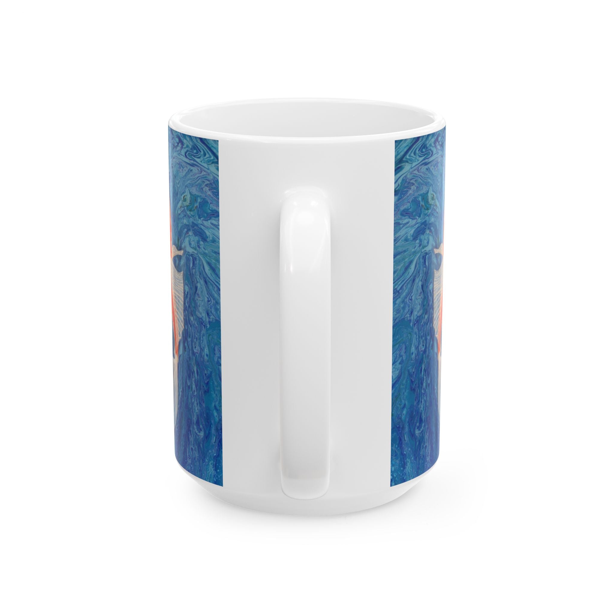 White mug with blue marbled design on a white background