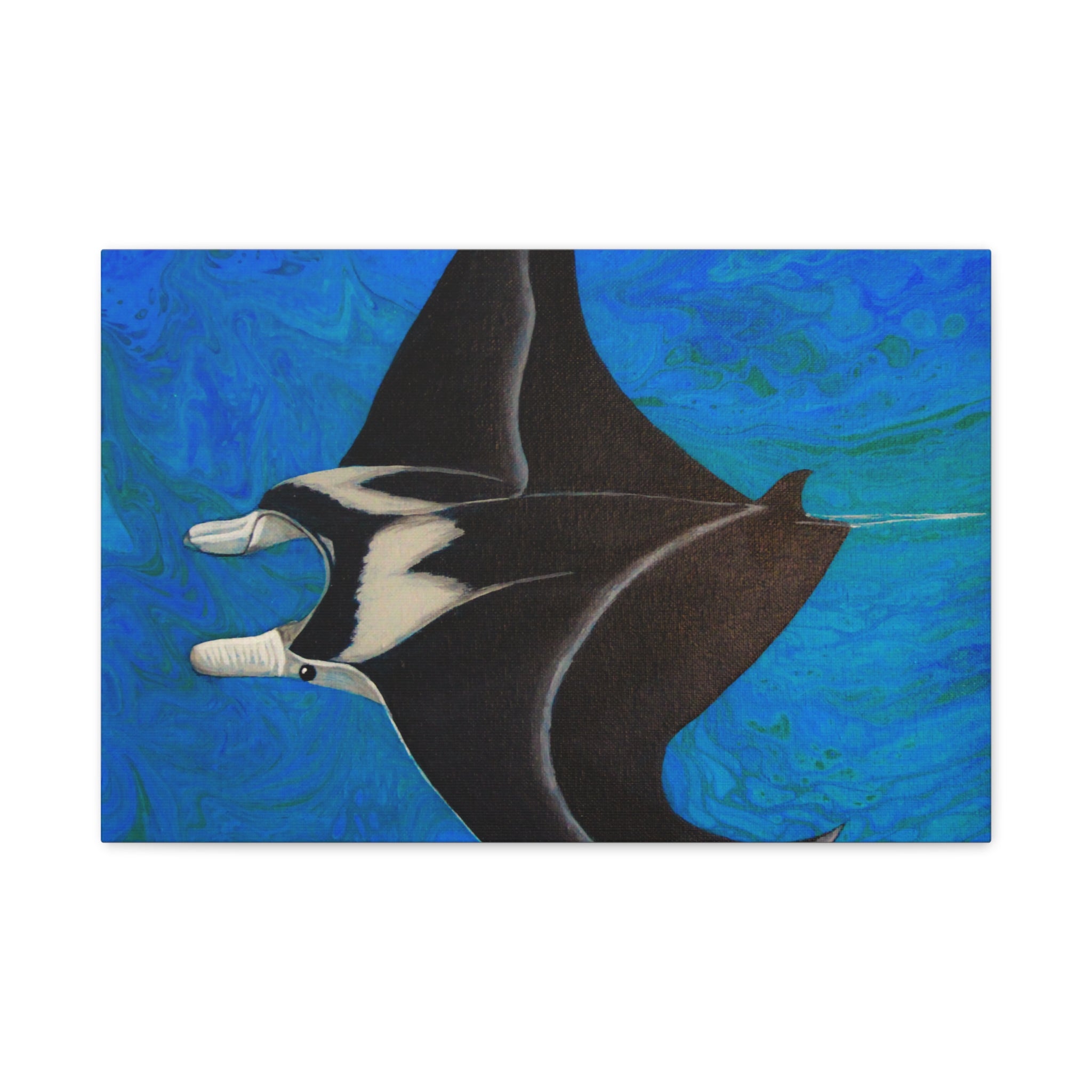 Artistic depiction of a manta ray against a blue ocean background