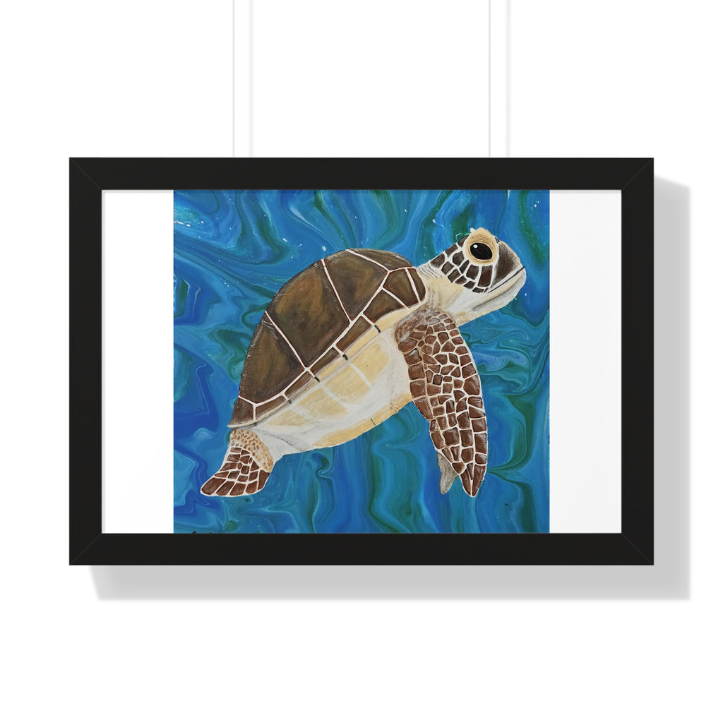 Framed artwork of a turtle swimming underwater with a blue and green gradient background.