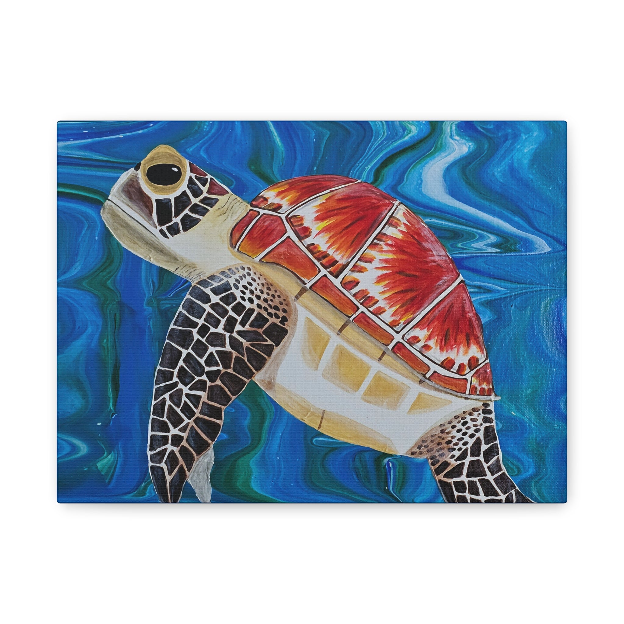Painting of a turtle with a red shell on a blue and green abstract background