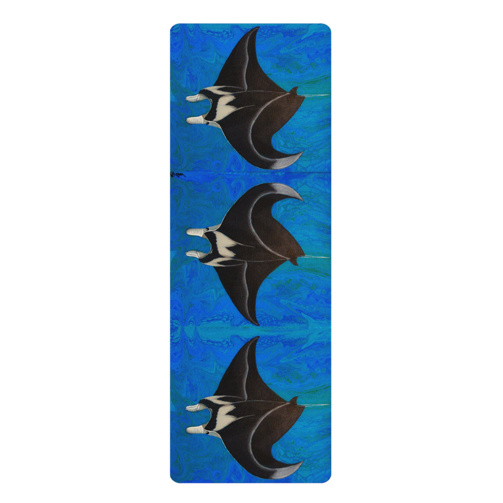 Yoga mat with manta ray design on a blue background