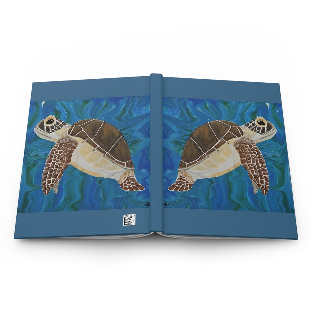 Notebook with turtle illustration on a blue background