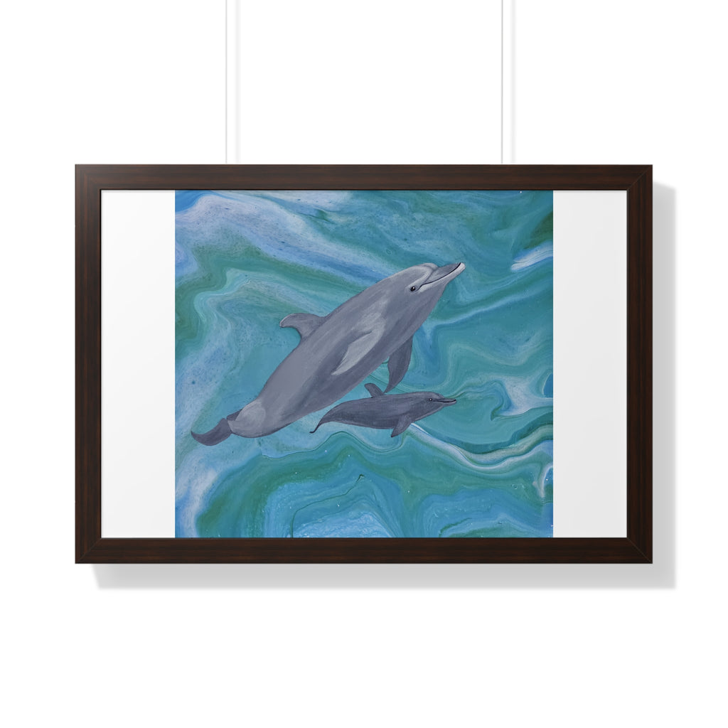 Framed artwork of two dolphins swimming in wavy blue water on a white background