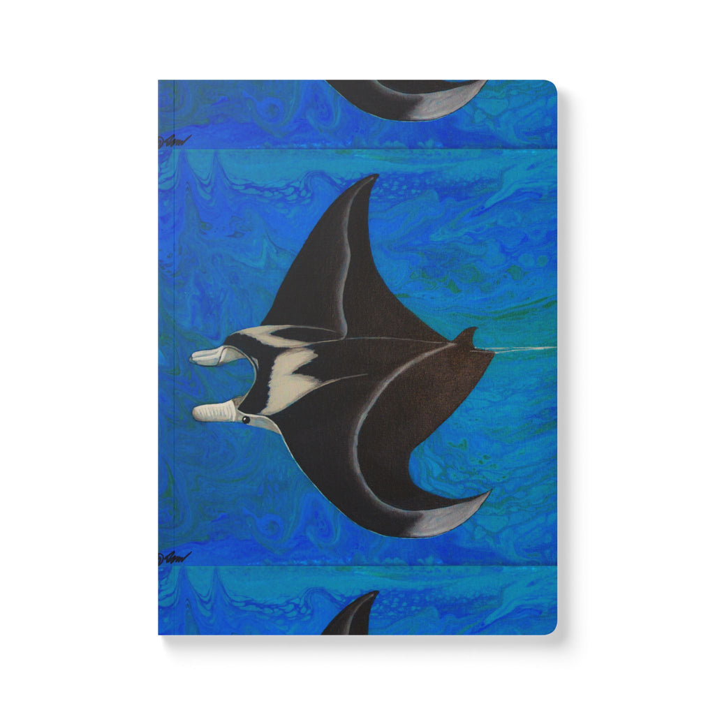 Notebook with a manta ray design on a blue watercolor background