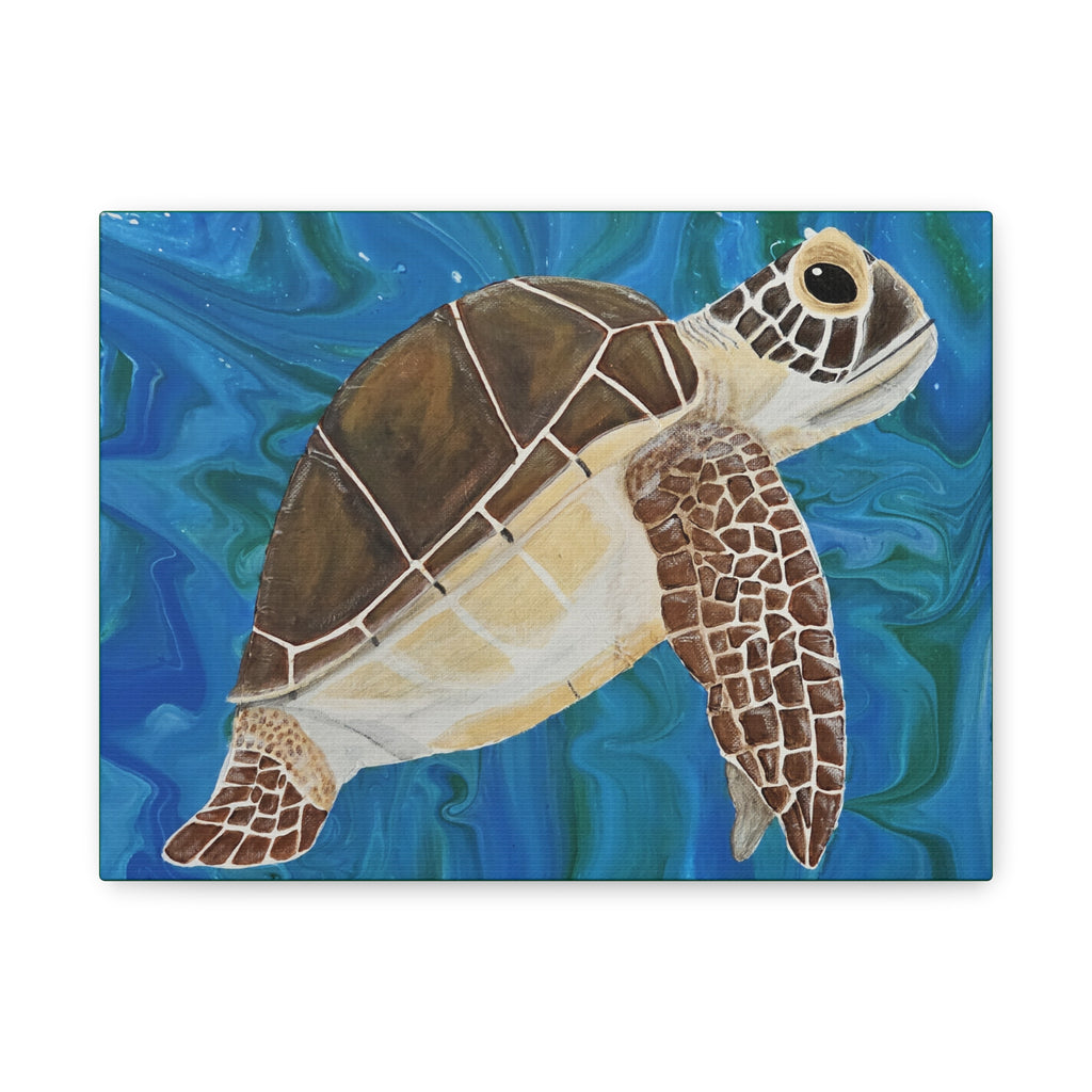 Painting of a turtle on a blue and green abstract background