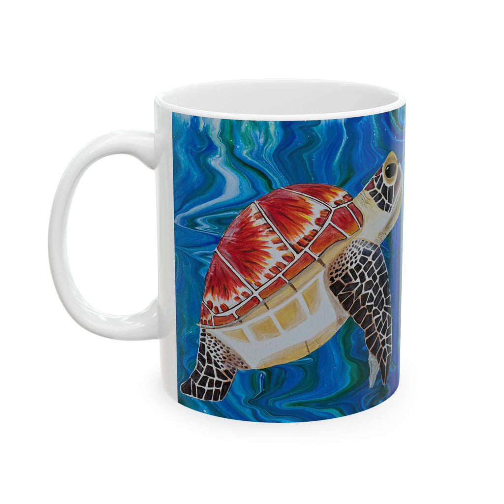 Mug with a turtle design on a blue watercolor background