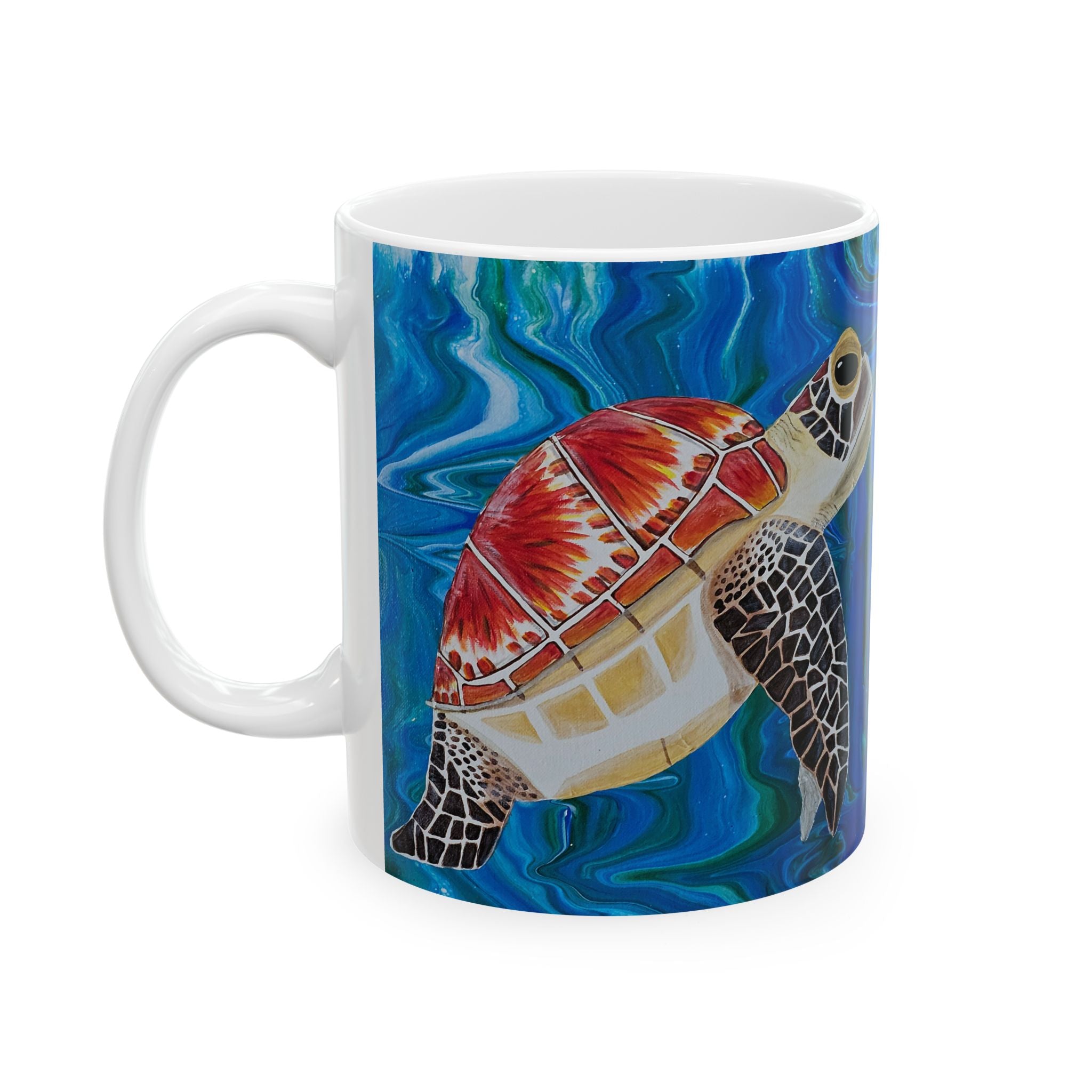 Mug with a turtle design on a blue watercolor background