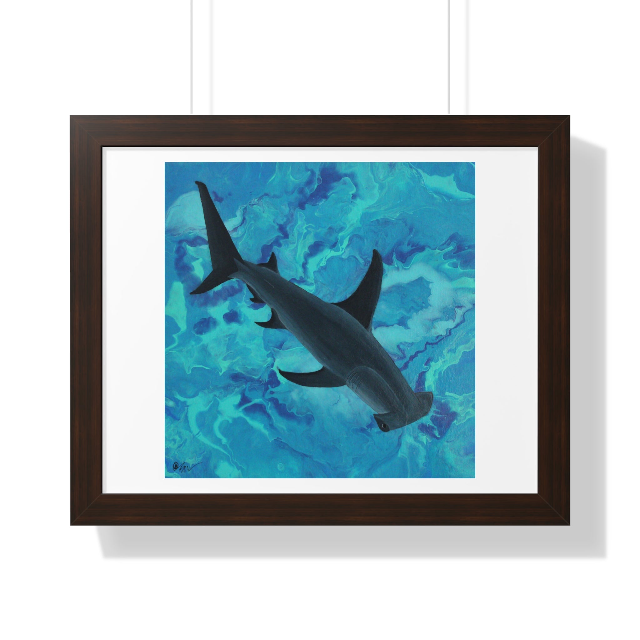Framed artwork of a shark on a blue abstract background