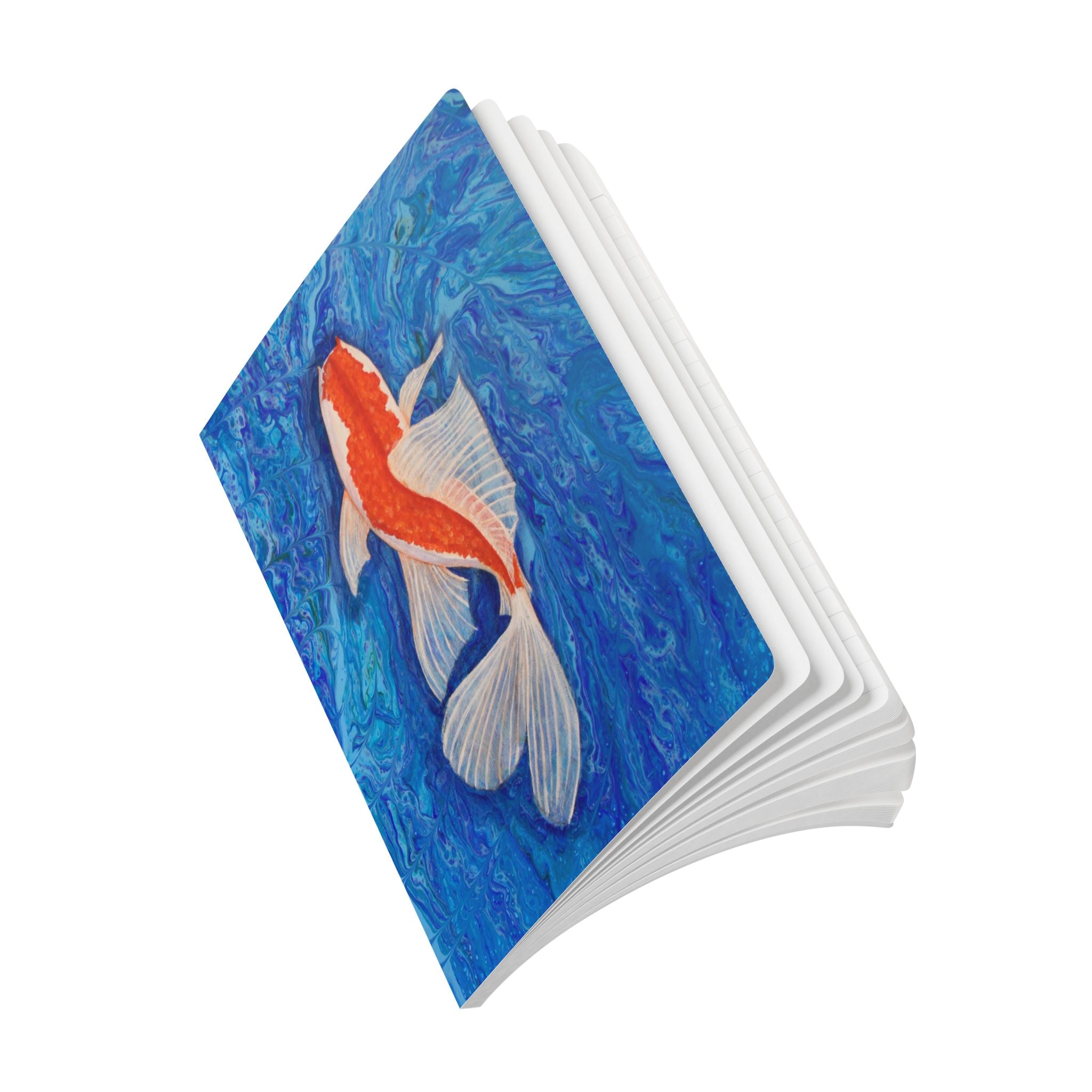 Stack of cards with a koi fish design on a blue watercolor background