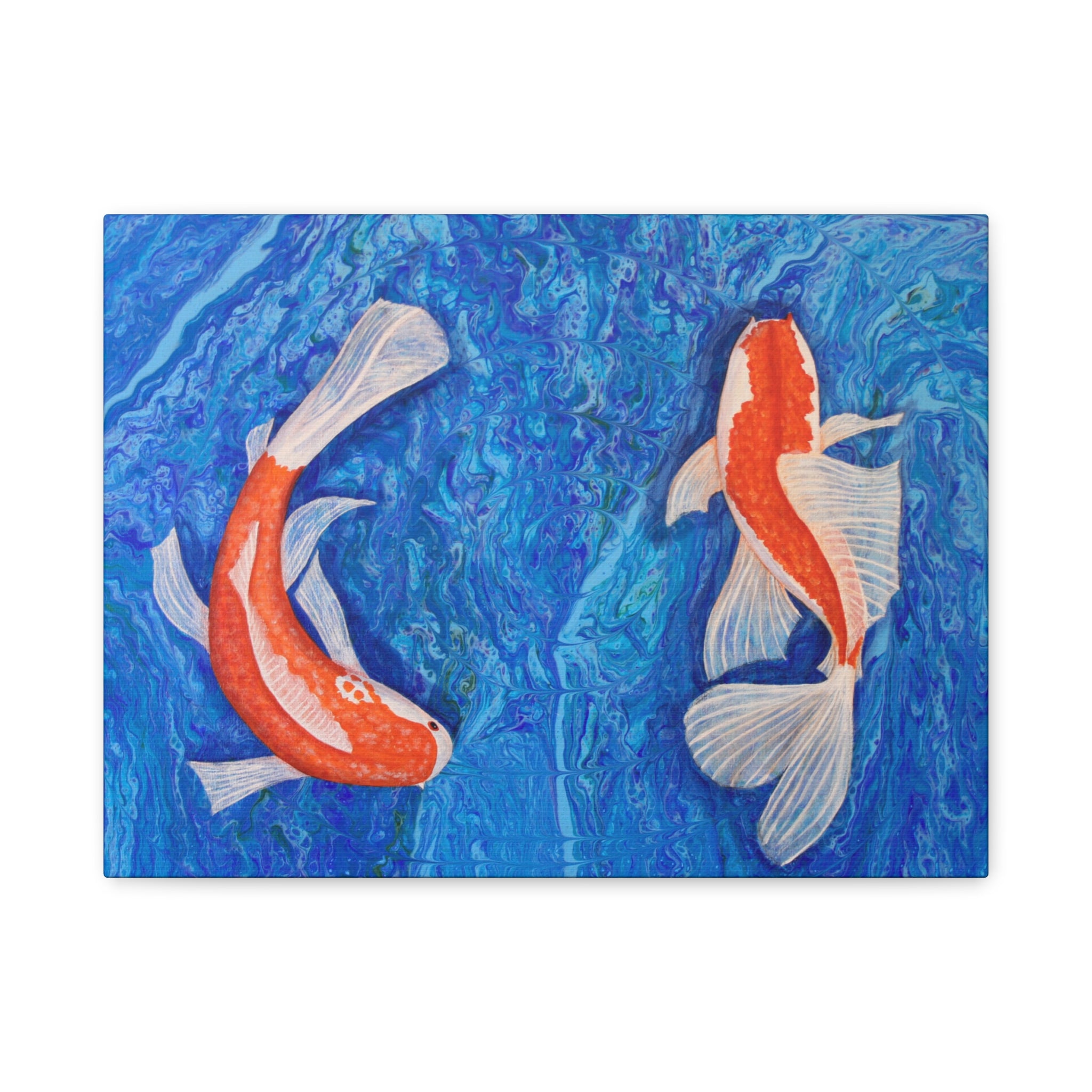 Two koi fish swimming in water with a blue and green abstract background