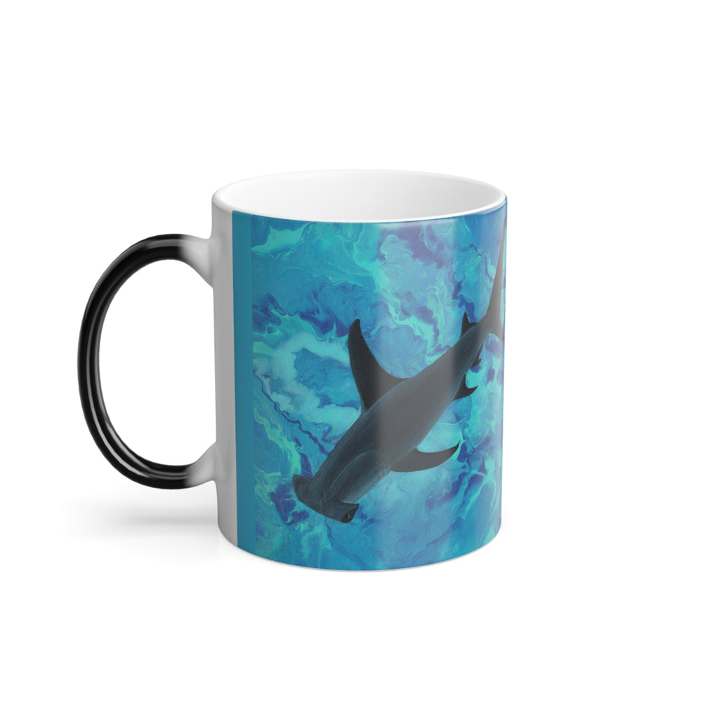 Mug with shark design on a blue and green abstract background