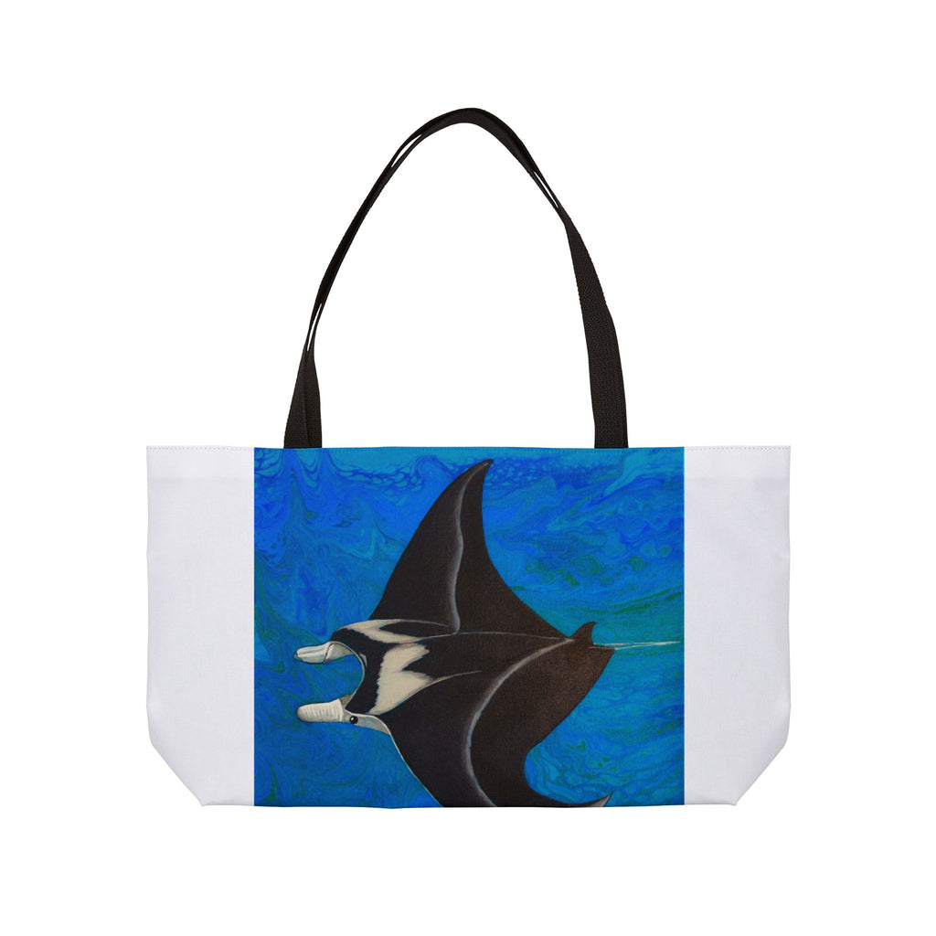Tote bag with manta ray design on a blue and white background