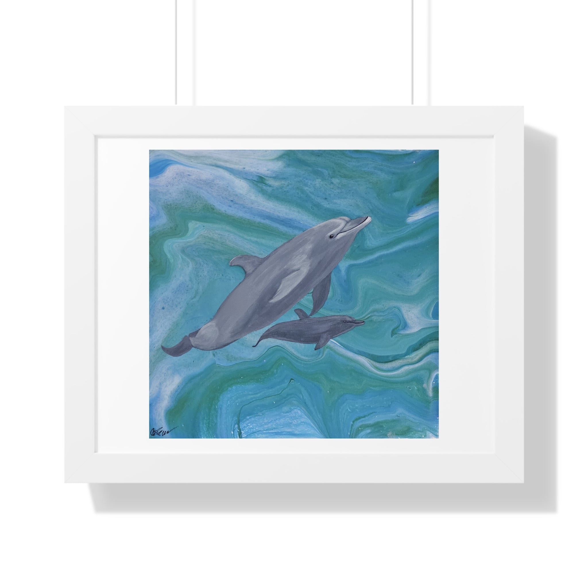 Framed artwork of two dolphins swimming in wavy water on a white background
