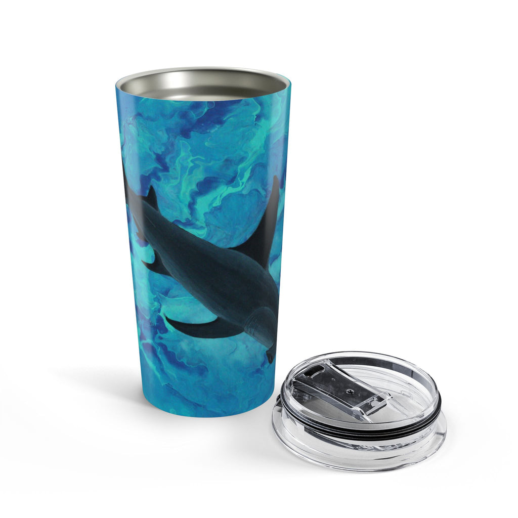 Tumbler with shark design and clear lid on a white background