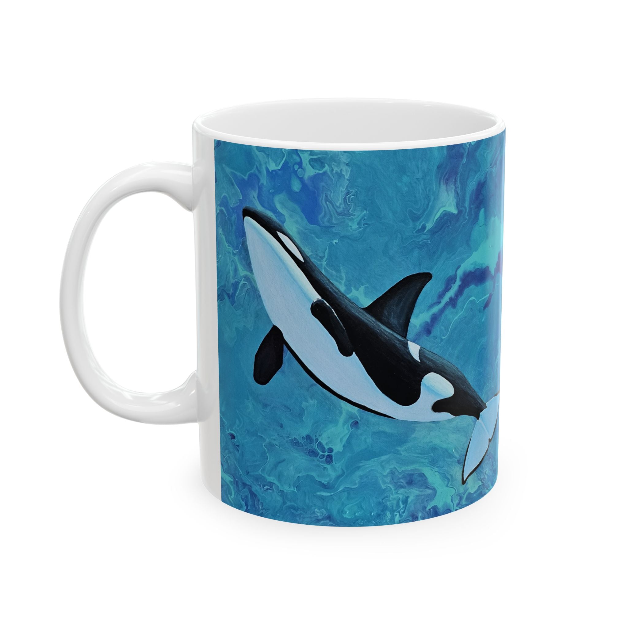 Mug with an orca whale design on a blue abstract pattern