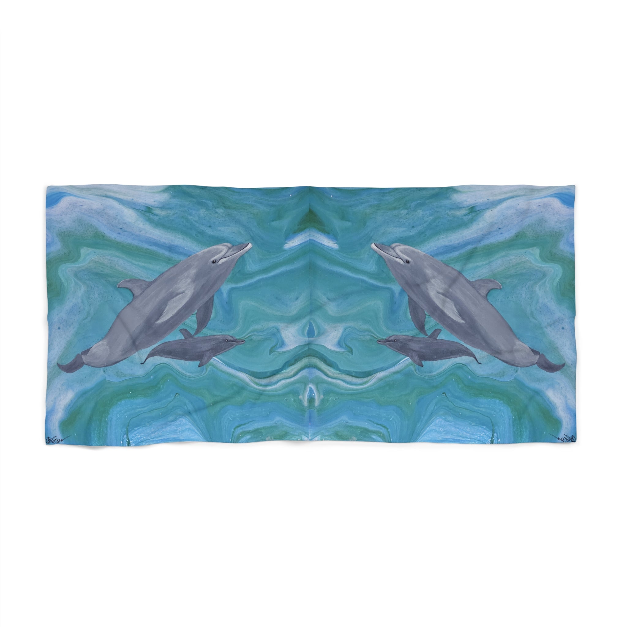 Towel/blanket with dolphins design on a blue and green abstract background