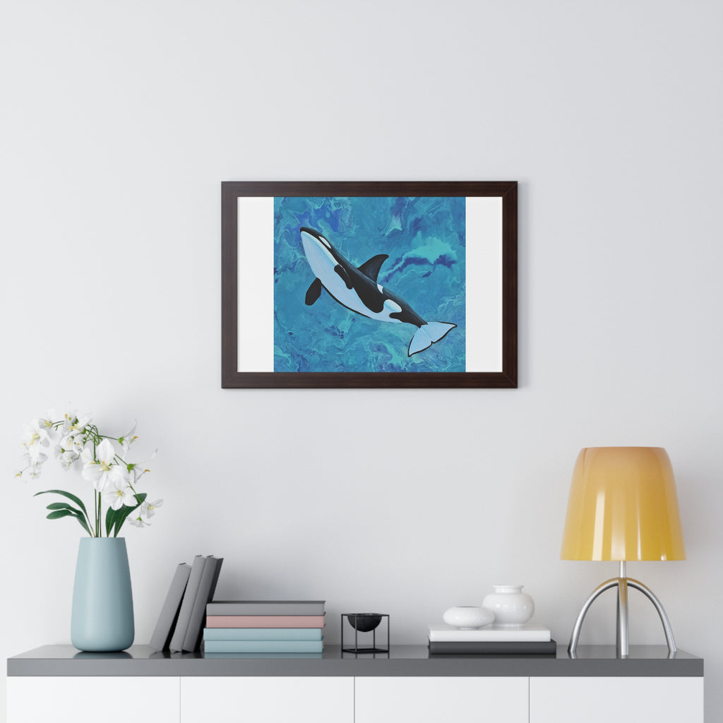Framed artwork of a shark on a wall above a shelf with decor items.