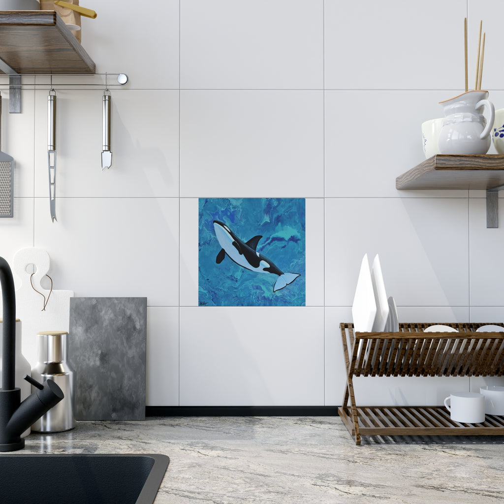 Kitchen interior with a orca painting on the wall