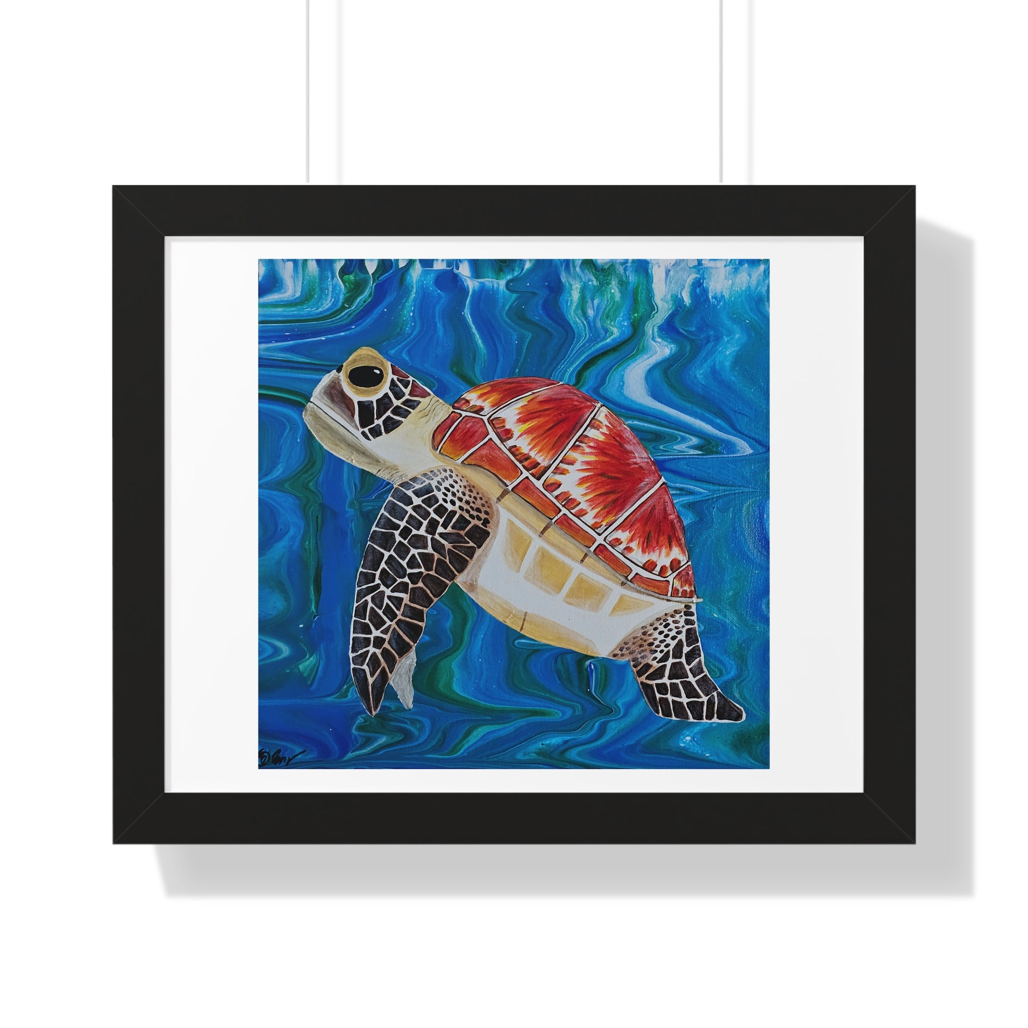 Framed artwork of a turtle with a colorful shell against a blue wave background.
