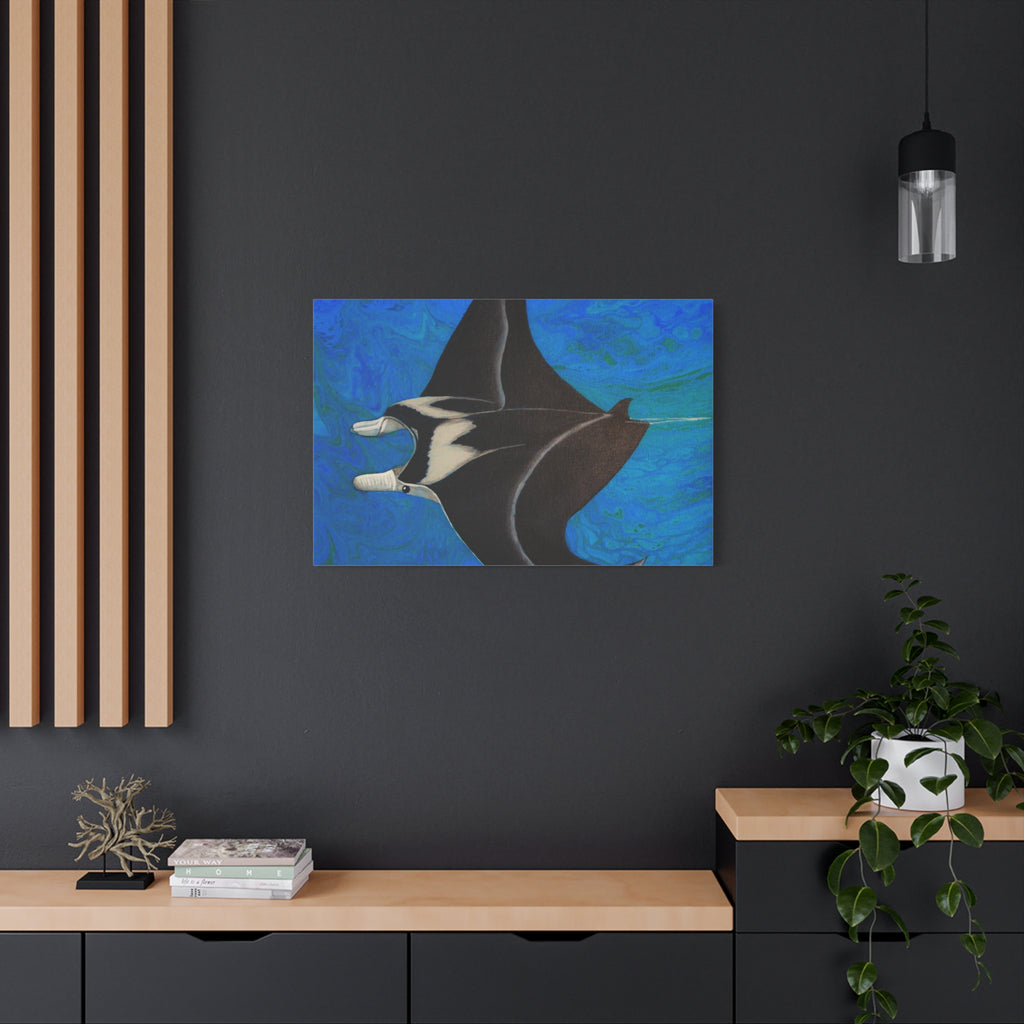 Framed artwork of a manta ray on a dark wall above a wooden shelf.