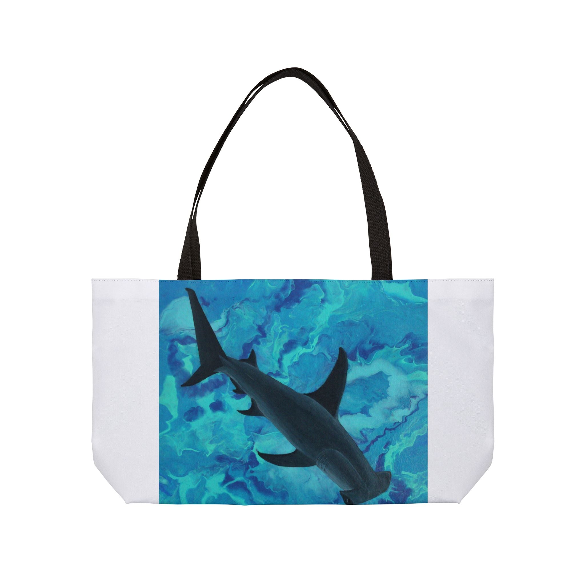 Tote bag with a shark design on a blue and green underwater pattern