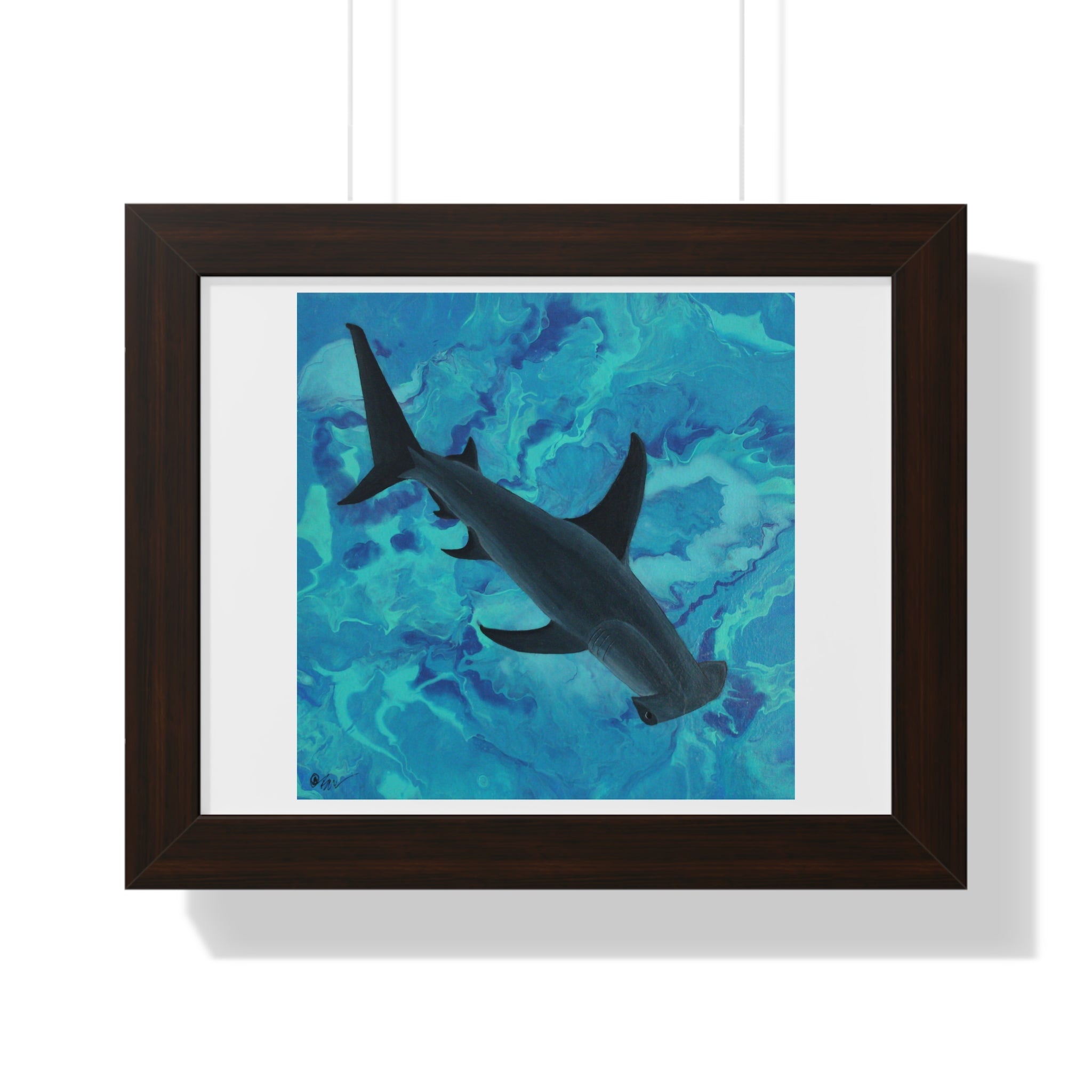 Framed artwork of a shark swimming underwater with blue and green patterns.