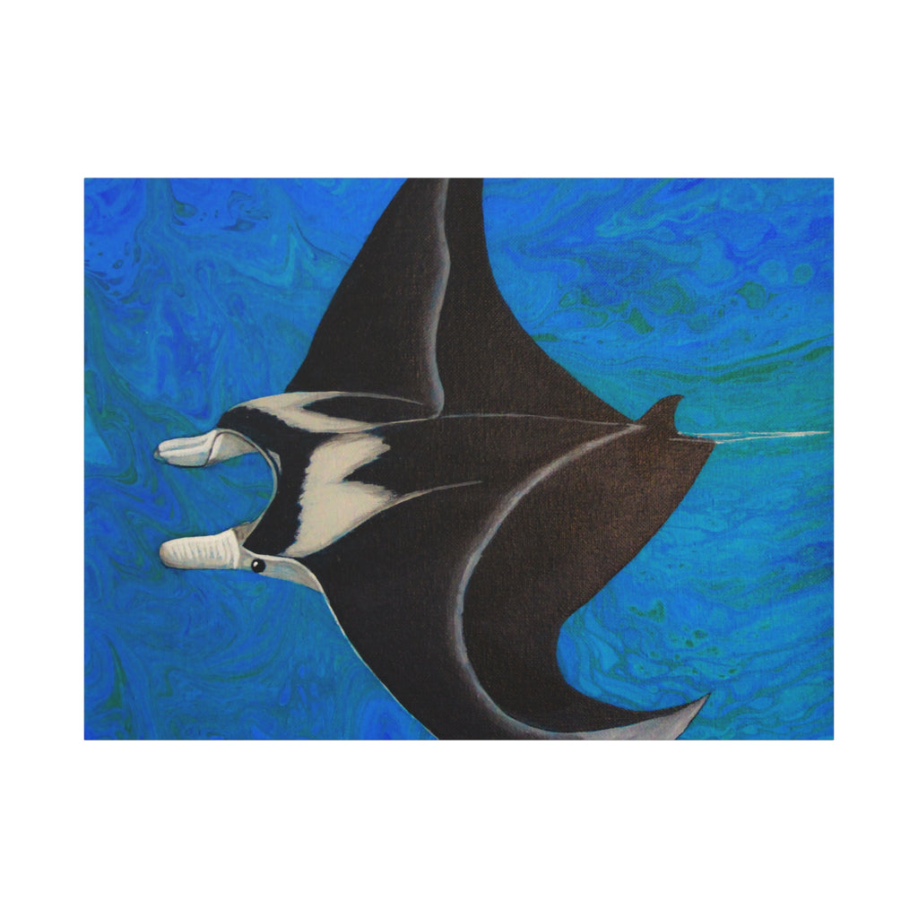 Artistic depiction of a manta ray against a blue ocean background
