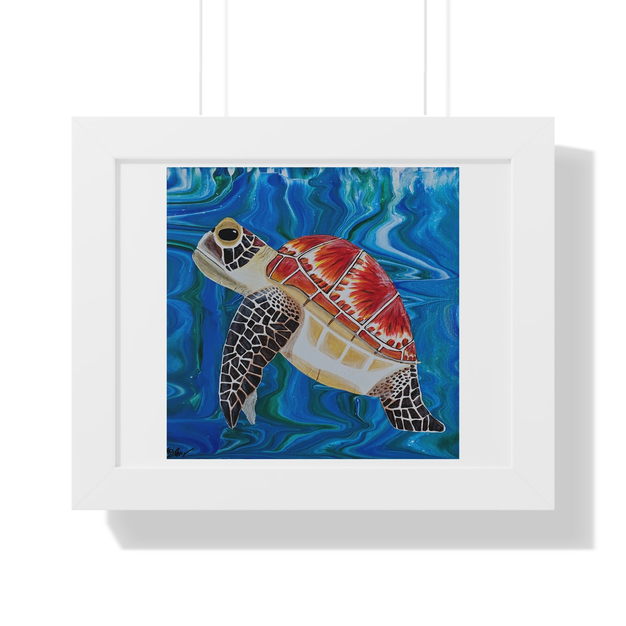 Framed artwork of a colorful turtle in an underwater scene