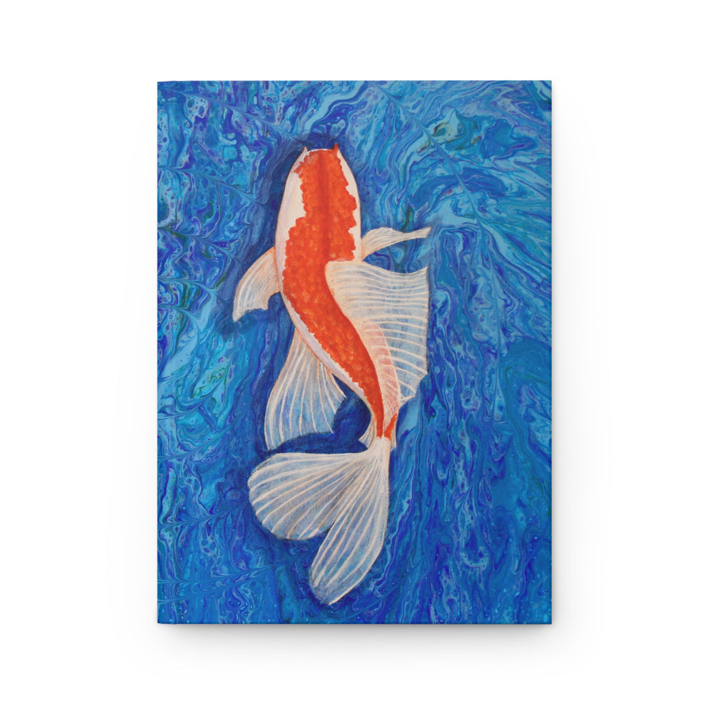 Notebook with painting of a Koi fish on a blue abstract background