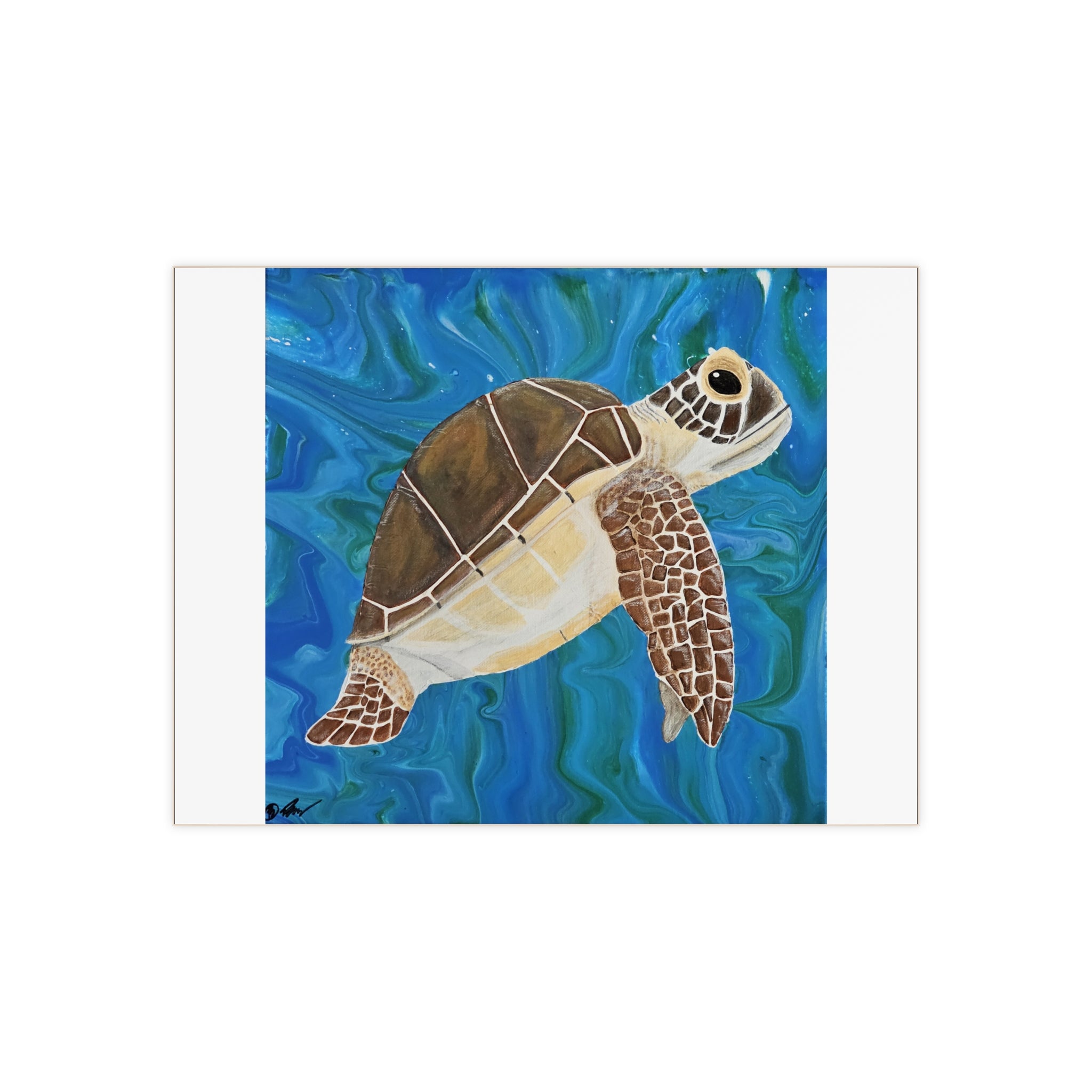 Painting of a turtle on a blue and green abstract background tile