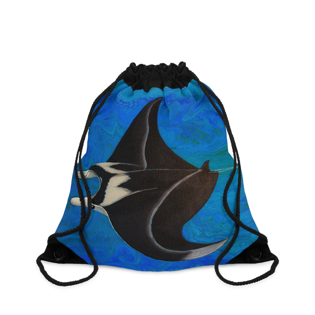 Drawstring bag with manta ray design on a blue background