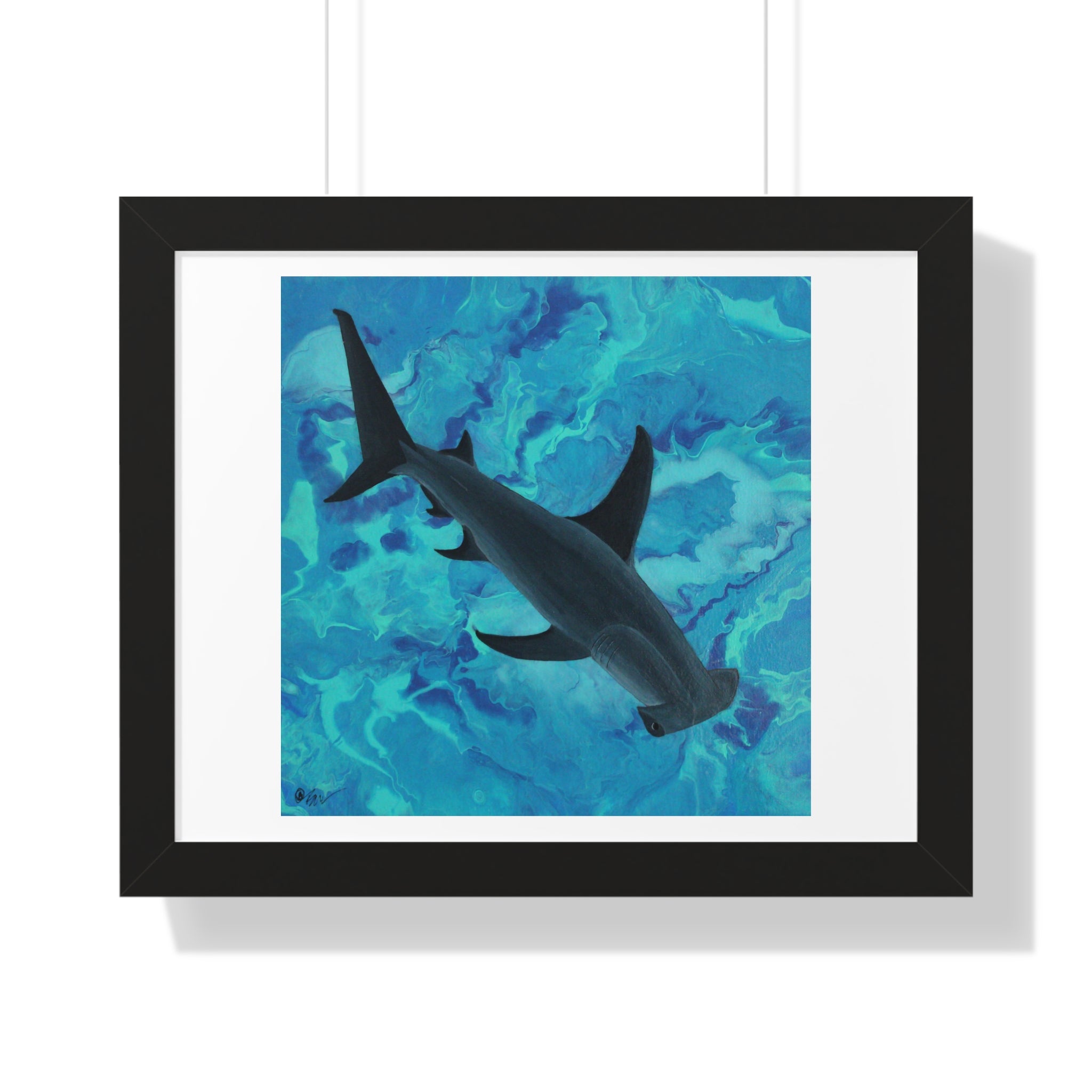 Framed artwork of a dolphin swimming against a blue abstract background