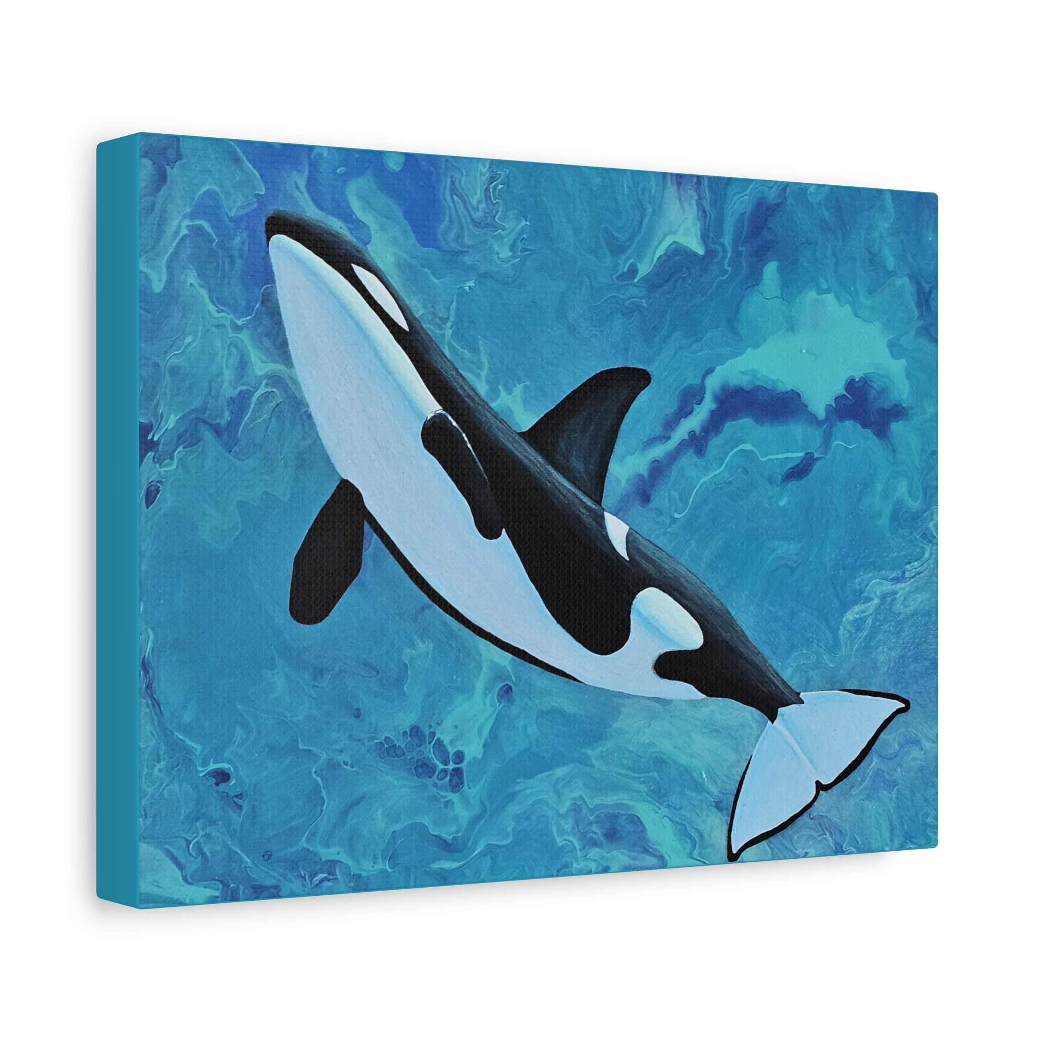 Canvas print of an orca whale on a blue abstract background