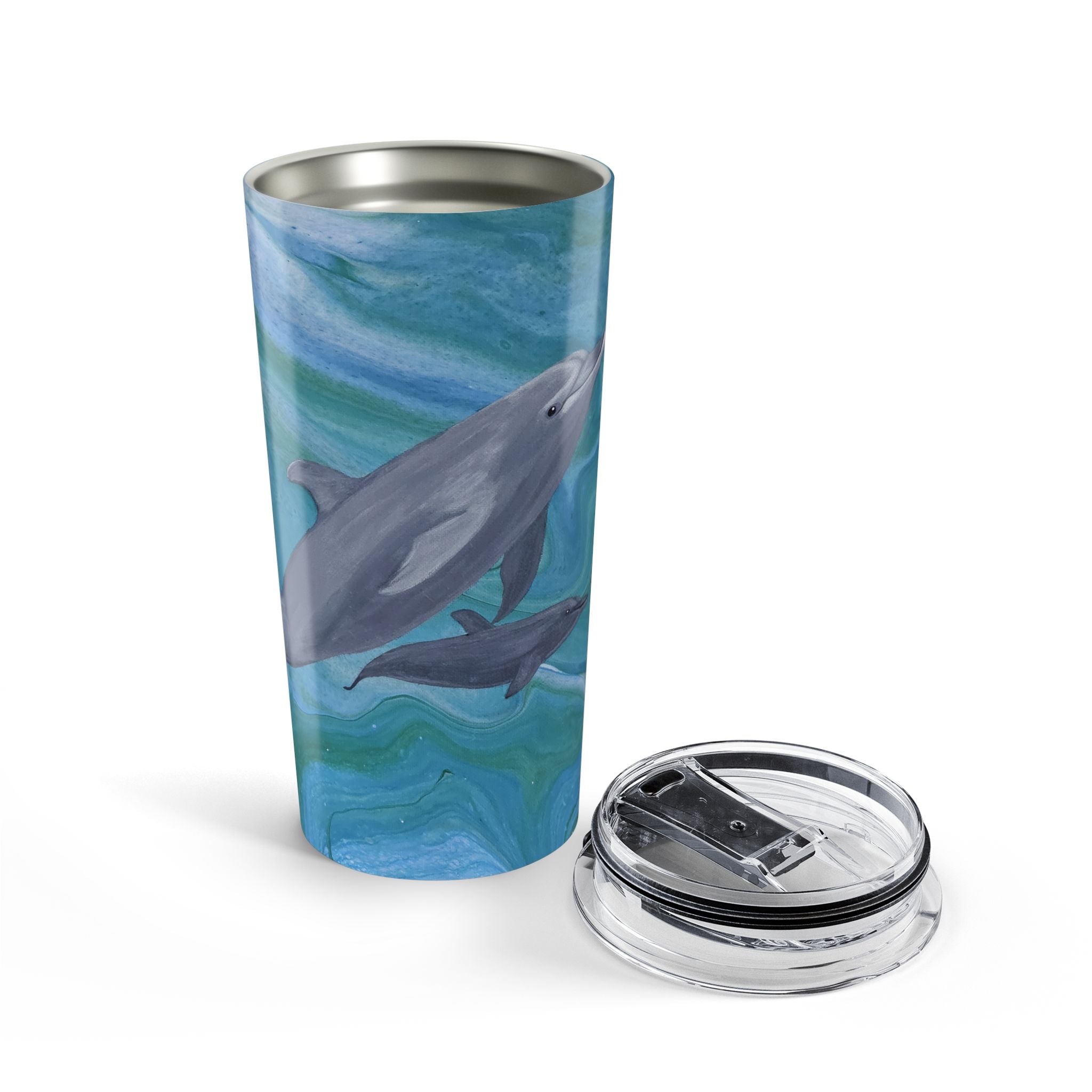 Tumbler with dolphin design on a white background