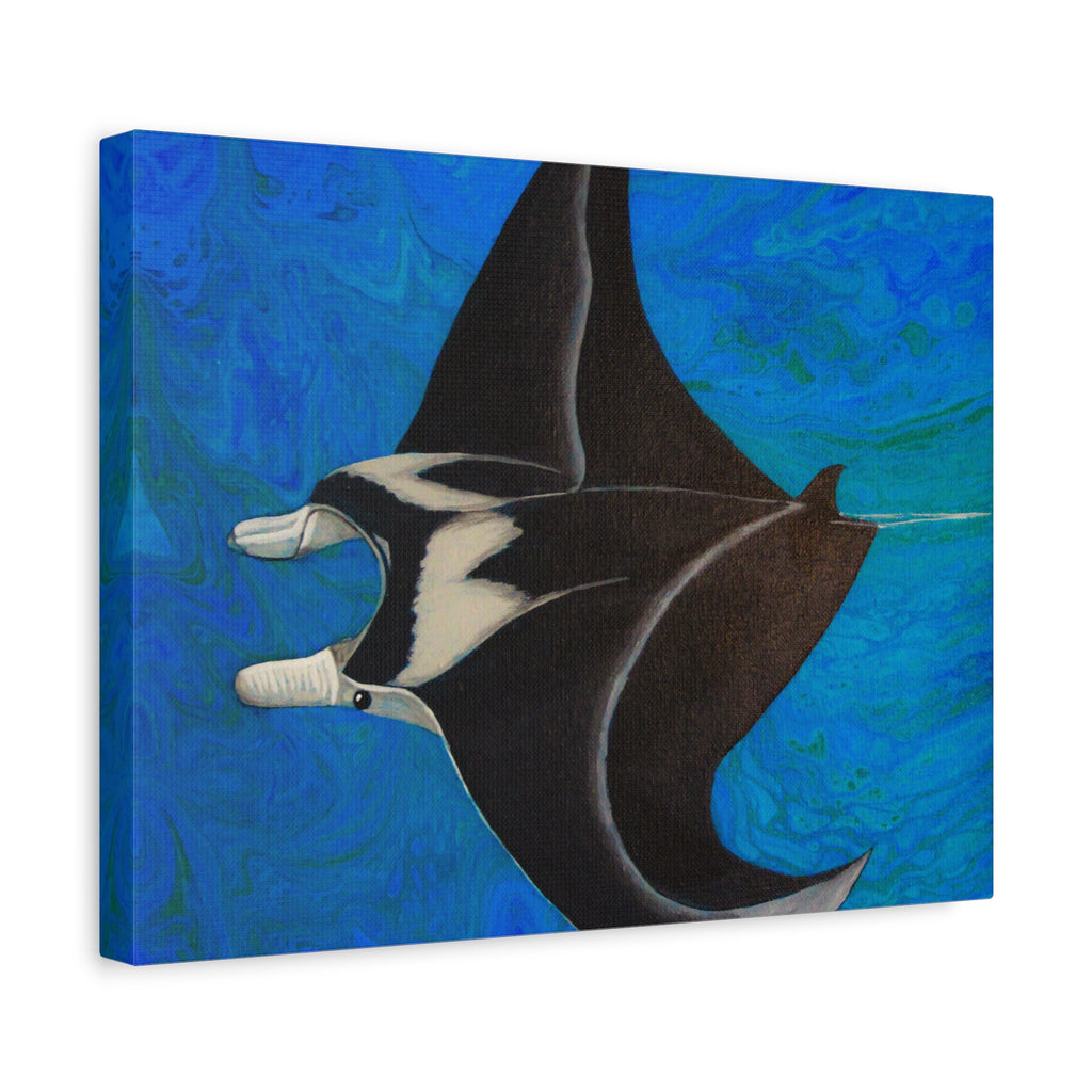 Canvas print of a manta ray against a blue abstract background